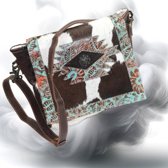 Myra Bag Handbags - Myra Bags Teal Flowers Aztec Cowgirl Conceal Carry Leather Cross Body Bag